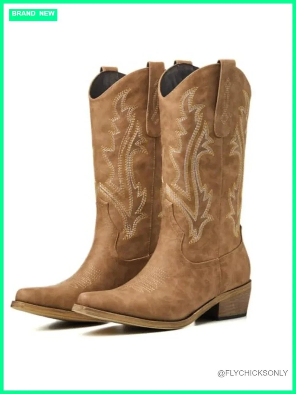 Faux Leather Embroidered Cowboy Boots with Chunky Heel, Pull-On Mid-Calf Boots